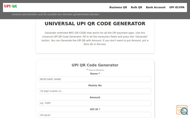 Screenshot of UPI QR Code Generator
