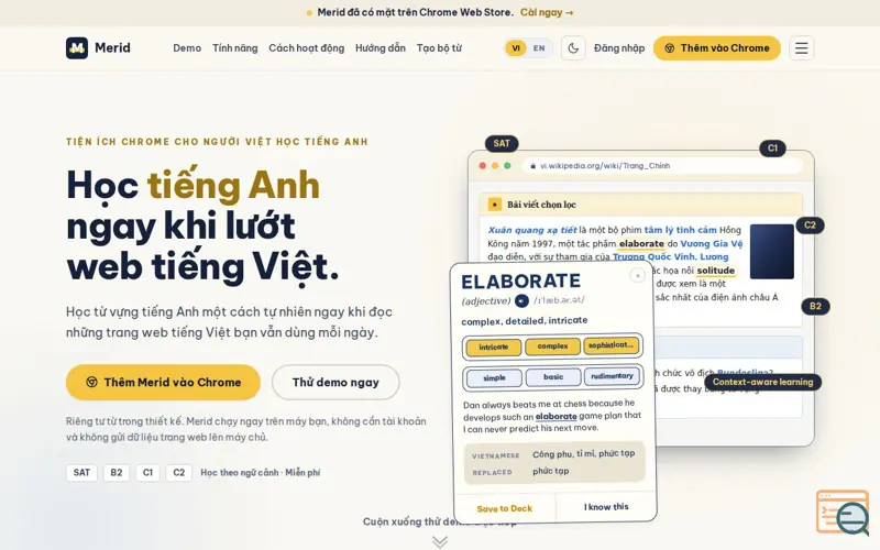 Screenshot of Merid: Learn English as You Browse, a launch using React Router