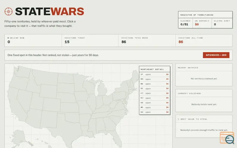 Screenshot of Claim a US state for $5, put a link