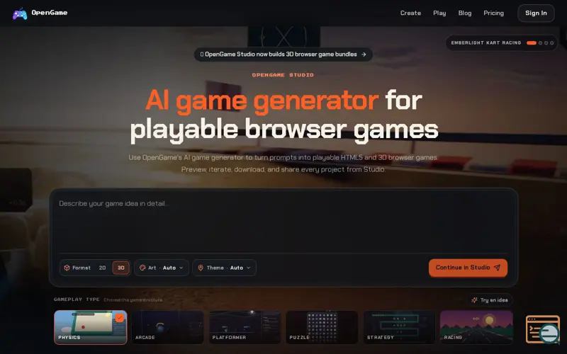 Screenshot of AI game generator for playable browser games | OpenGame