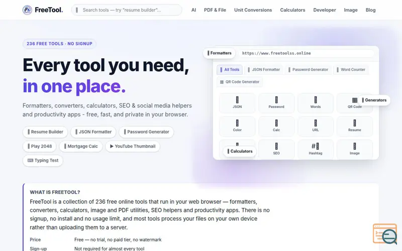 Screenshot of FreeTool - Free tools, SEO, and productivity apps