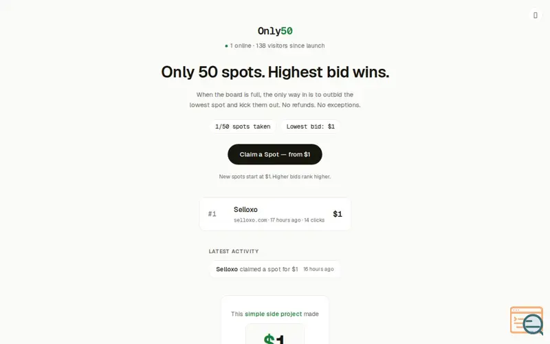 Screenshot of Only50 — 50 spots. Highest bid wins.