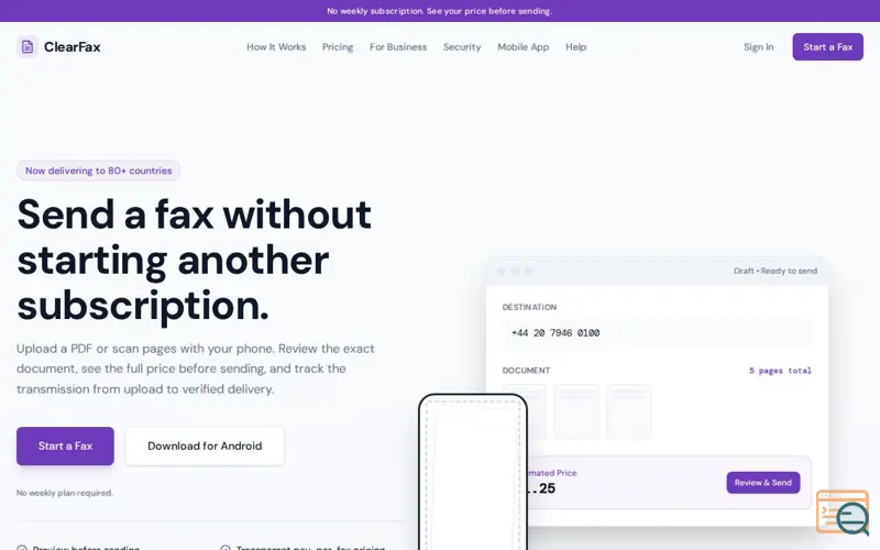 Screenshot of ClearFax — Send a Fax Online Without a Subscription