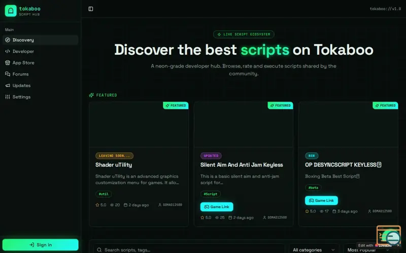 Screenshot of Tokaboo — Developer Script Hub