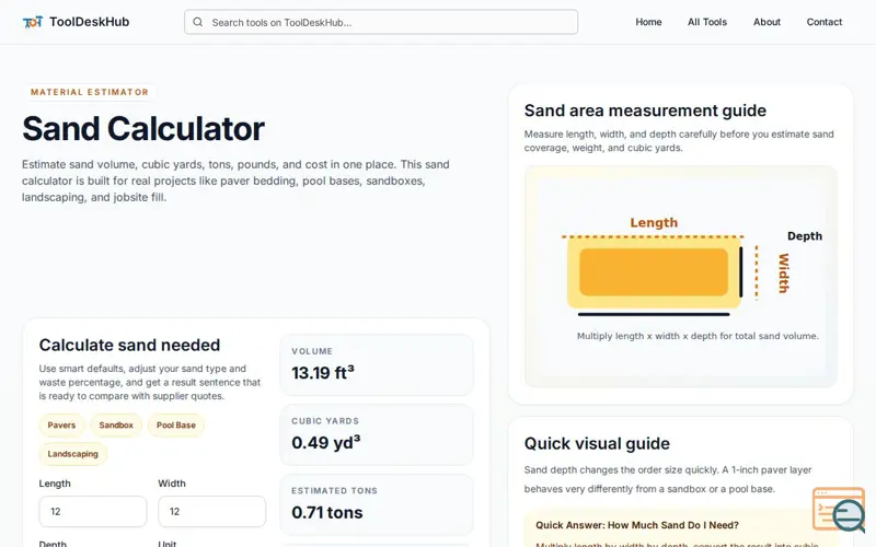Screenshot of Sand Calculator by ToolDeskHub