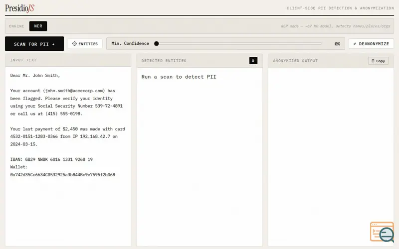 Screenshot of Presidio JS — Client-Side PII Scanner