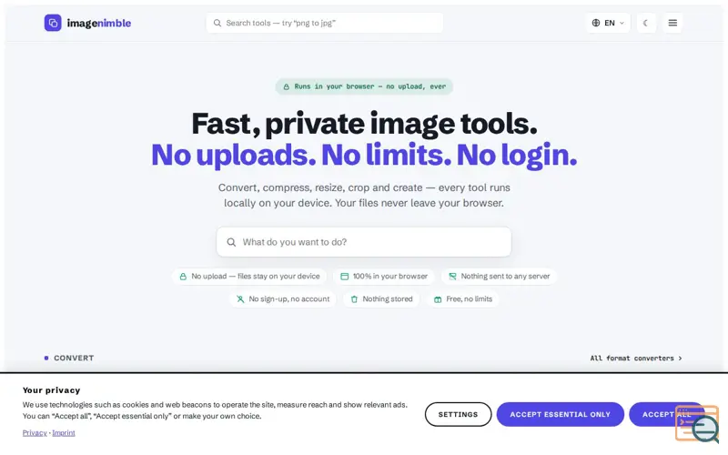 Screenshot of imagenimble — fast, private image tools in your browser, a launch using tagDiv