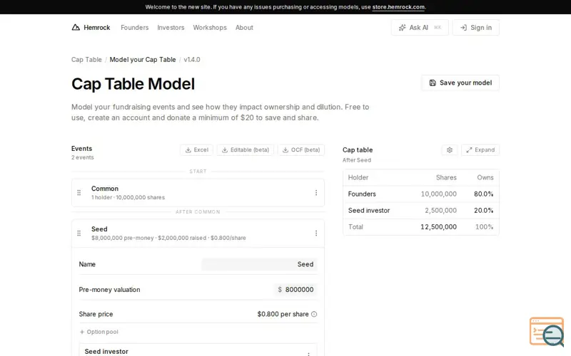 Screenshot of Cap table builder by Hemrock