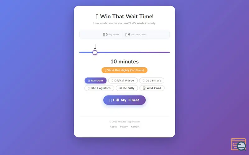 Screenshot of MinutesToSpare.com
