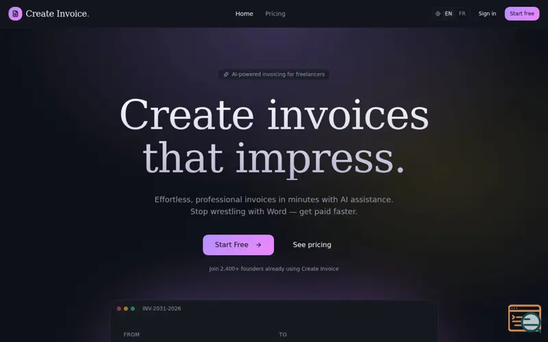 Screenshot of Create Invoice — 60sec to invoice !