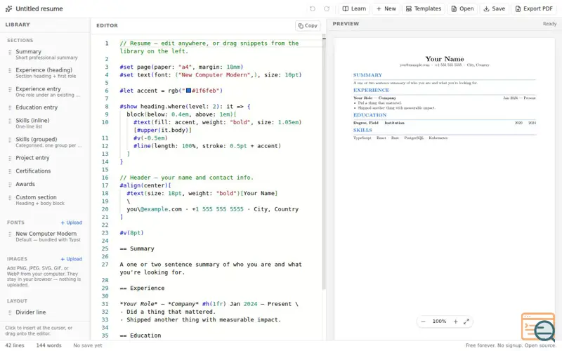 Screenshot of Visual Typst Resume Builder