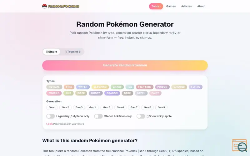 Screenshot of Random Pokémon Generator — Pick a Random Pokémon Instantly