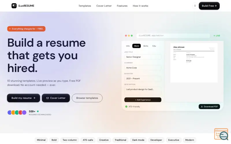 Screenshot of Free Online Resume Builder — iLuvRESUME