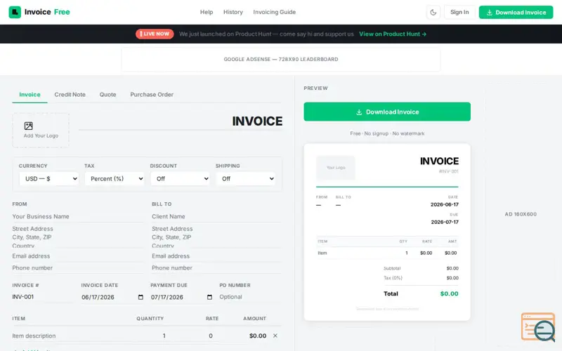 Screenshot of Free Invoice Generator — InvoiceFree