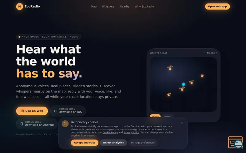 Screenshot of Voby — Anonymous voices. Real places. Hidden stories.