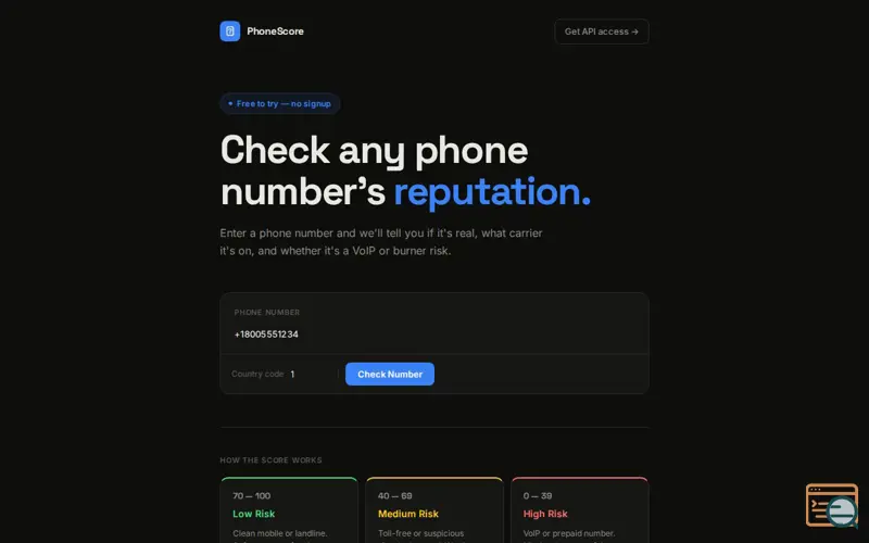 Screenshot of Phone reputation API — free to try