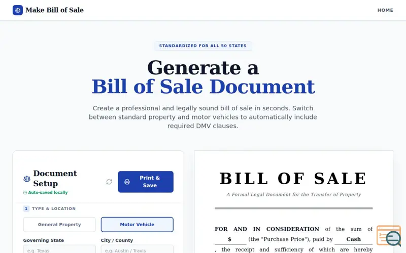 Screenshot of Makebillofsale