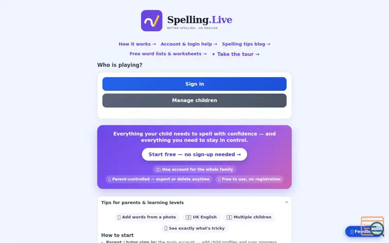 Screenshot of spelling.live