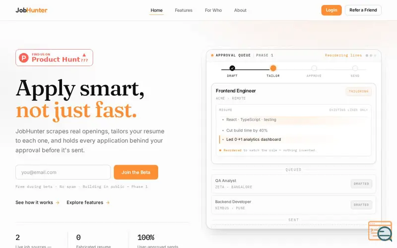 Screenshot of JobHunter, a launch using Zoho Mail