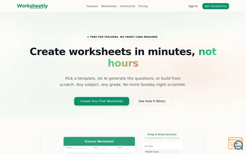 Screenshot of Worksheetly
