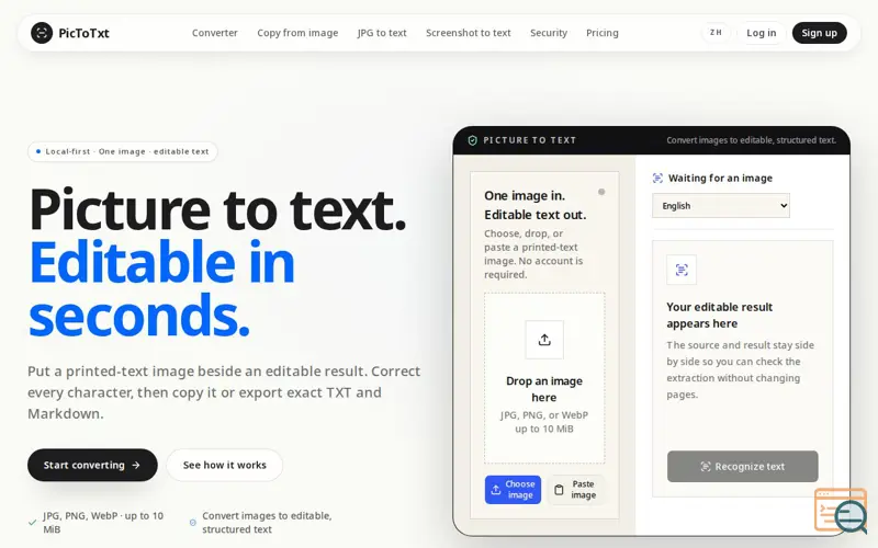 Screenshot of Picture to Text Converter — Browser OCR | PicToTxt