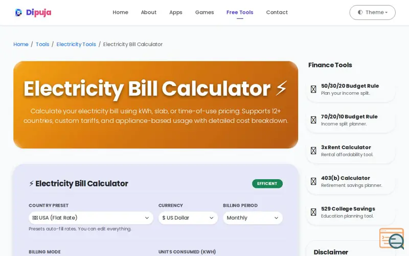 Screenshot of Global Electricity Bill Calculator