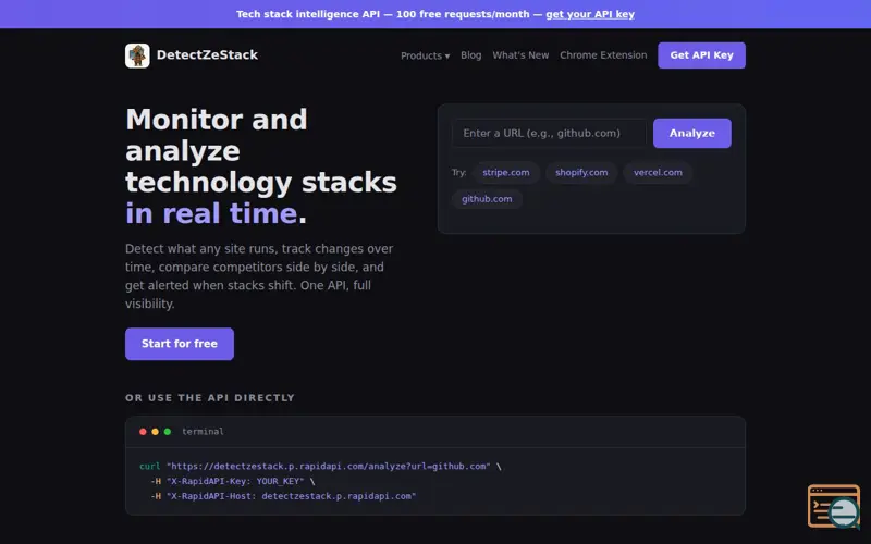 Screenshot of DetectZeStack — Website Intelligence API