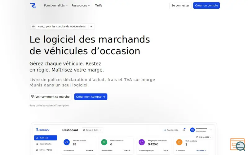 Screenshot of Logiciel marchand VO — TVA, Cerfa, livre de police | RizonVO