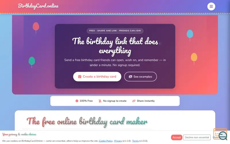 Screenshot of BirthdayCard.Online