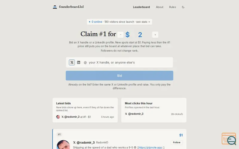 Screenshot of Founderboard