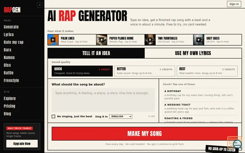 Screenshot of AI Rap Generator — Free Rap Song & Lyrics Maker