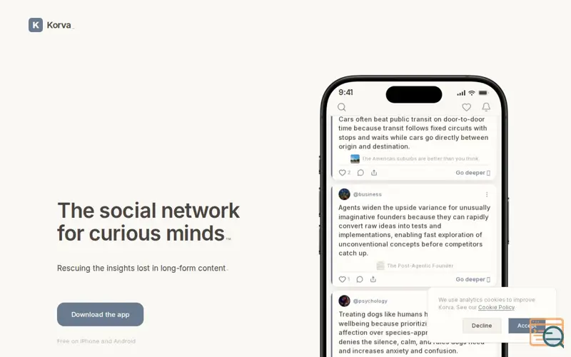 Screenshot of Korva: The social network for curious minds