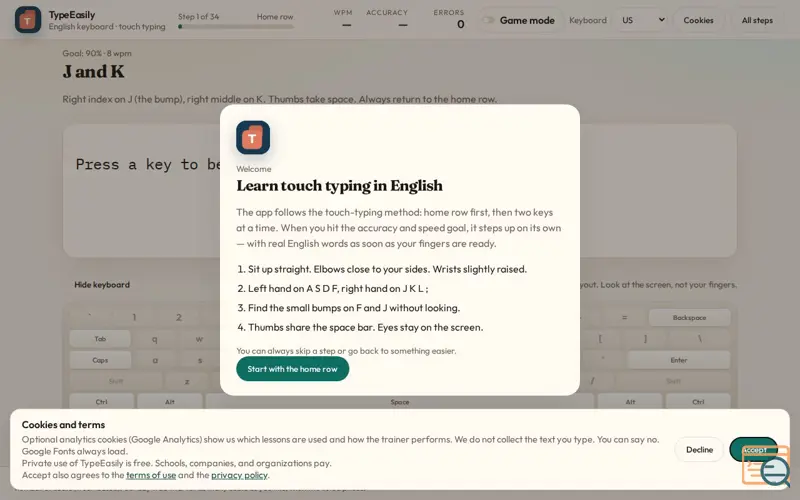 Screenshot of TypeEasily — English touch typing