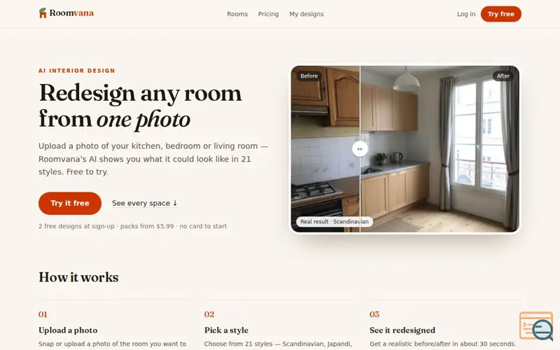 Screenshot of Redesign any room from one photo — AI interior design