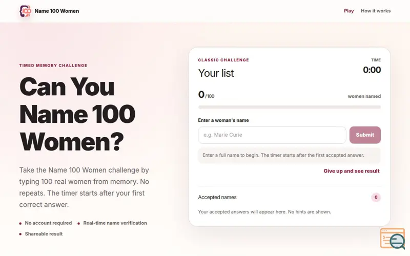 Screenshot of Name 100 Women