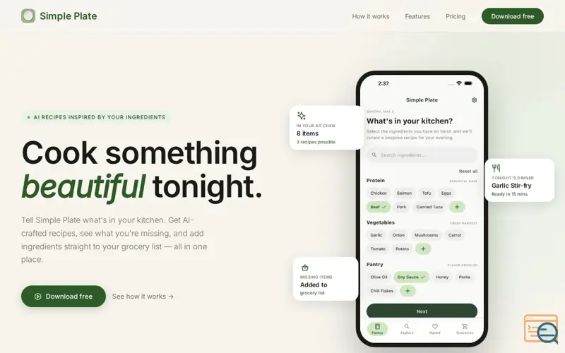 Screenshot of Simple Plate — Cook What You Have