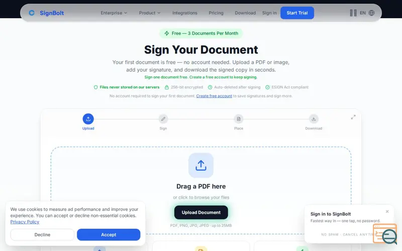 Screenshot of SignBolt, a launch using SmolLaunch