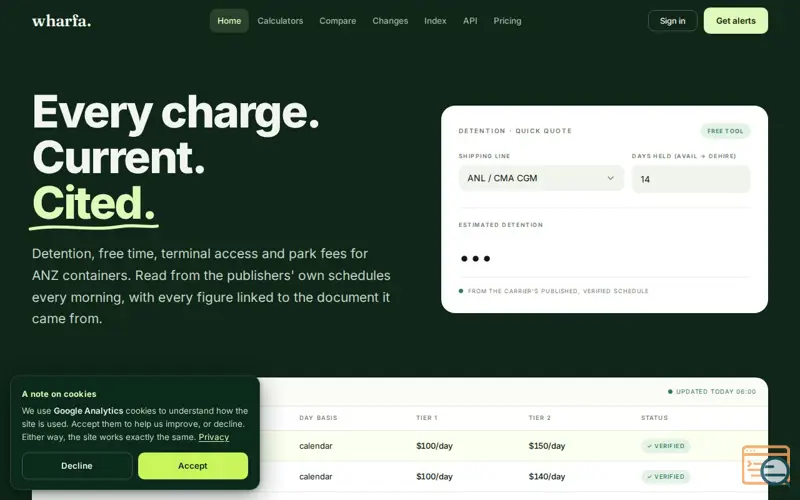 Screenshot of Wharfa: the charge reference for ANZ container logistics