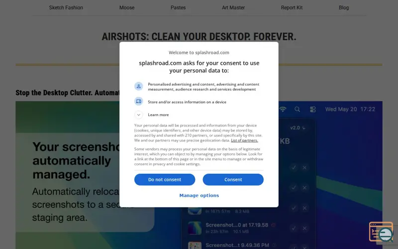 Screenshot of AirShots, a launch using JustHost Email
