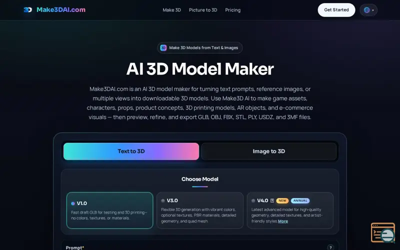 Screenshot of Make3DAI.com — Prompt to 3D in Seconds, a launch using Toastify