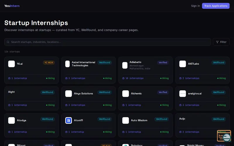 Screenshot of YesIntern — Discover Startup Internships