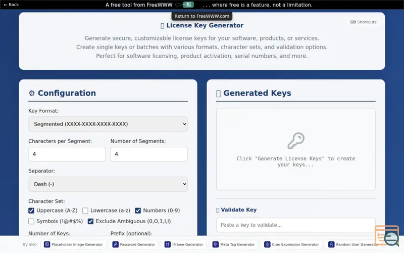 Screenshot of FreeWWW Key Generator Tool