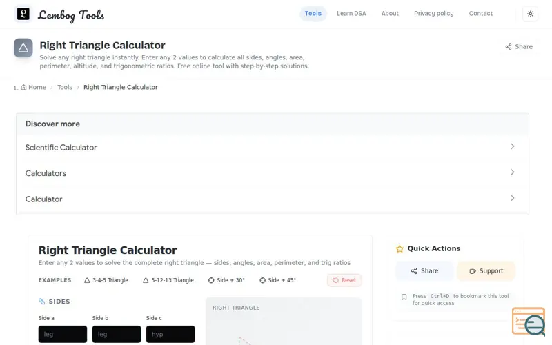 Screenshot of Lembog Tools - Right Triangle Calculator