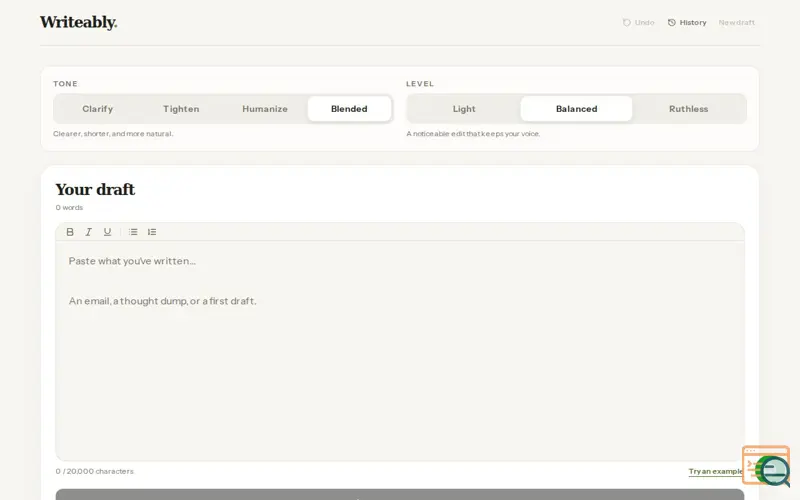 Screenshot of Writeably, a launch using Fast Surveys
