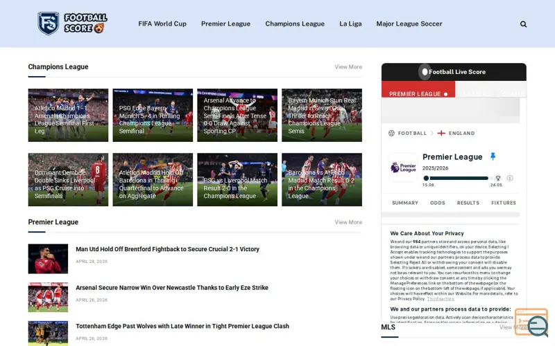 Screenshot of footballscore.news