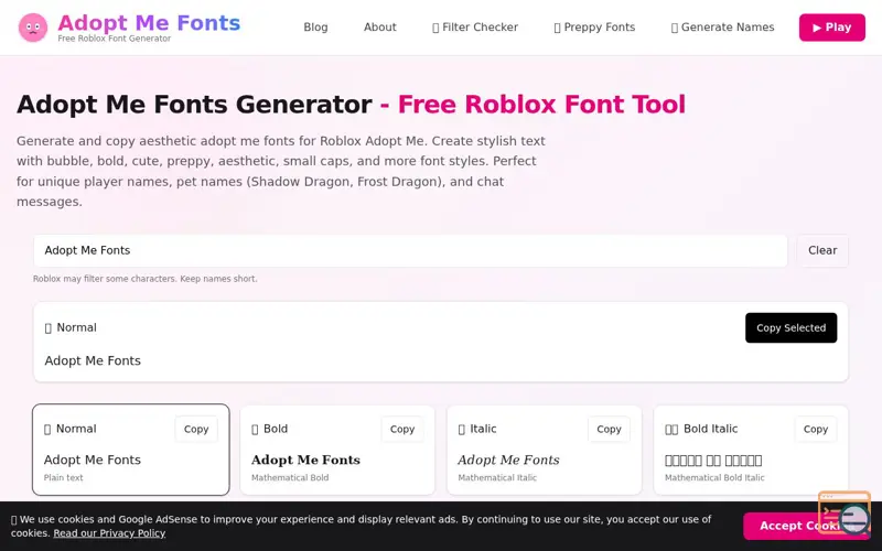 Screenshot of Adopt Me Fonts Generator