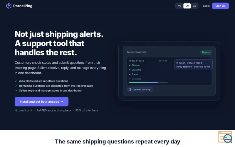Screenshot of ParcelPing