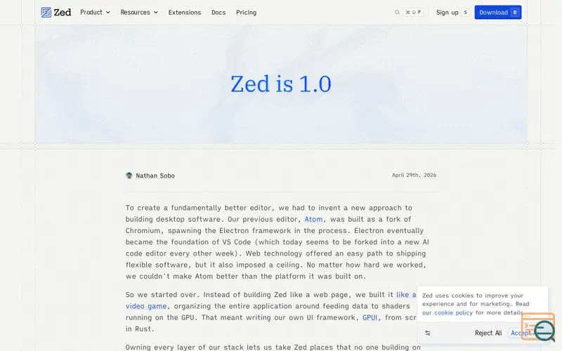 Screenshot of Zed 1.0, a launch using 1Password