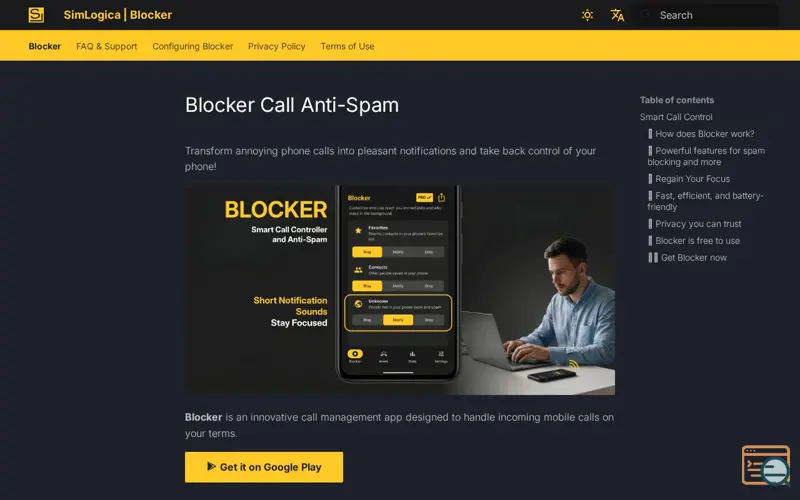 Screenshot of Blocker Call Anti-Spam, a launch using MkDocs
