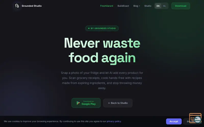 Screenshot of FreshGarant — AI Fridge Scanner, Receipt Scanner & Food Expiry Tracker | Grounded Studio